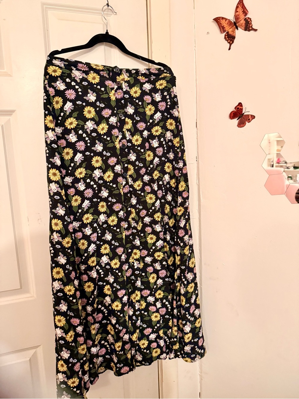 Black Floral Maxi Skirt with Yellow & Pink Daisies and Ghosts